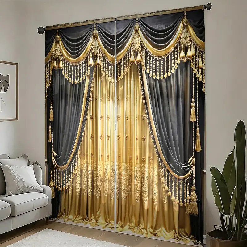 2pcs digital printed curtain patterns, Tassel decor curtain, Window Curtain, Home Decorative Curtain, with semi transparent design to protect privacy and prevent fading, suitable for bedroom and living room decoration