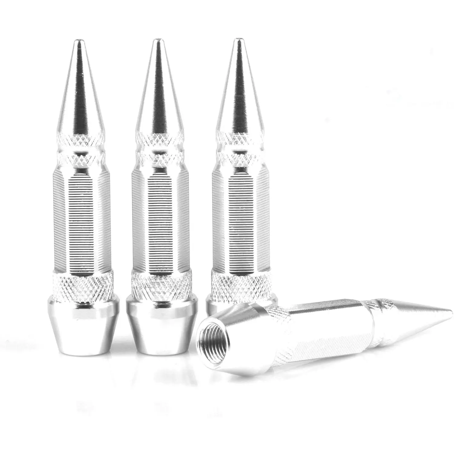 60mm Spiked Valve Caps, Aluminum Alloy Dustproof and Waterproof Tire Valve Stem Caps, Suitable for Cars, Trucks and Motorcycles (4PCS Silver)