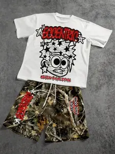 American Street Style Cartoon Graffiti Print T-Shirt + Camouflage Shorts Set, Unisex Casual Two-Piece, Loose-Fitting Fashion
