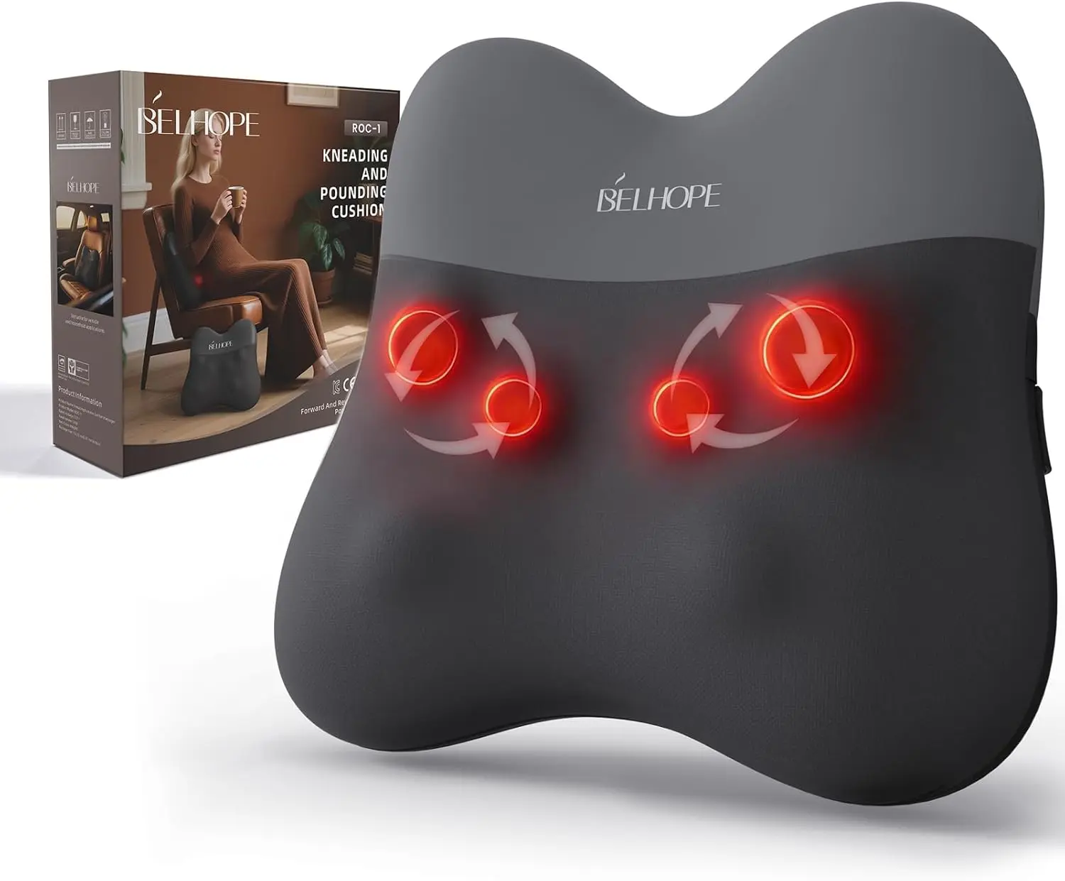belhope Back Massager with Heat, Cordless Back Massage for Pain Relief Deep Tissue, 4D Shiatsu and Percussion Massage, Lower Back Massager for Office Chair, Gifts for Mother Women Men, Grey
