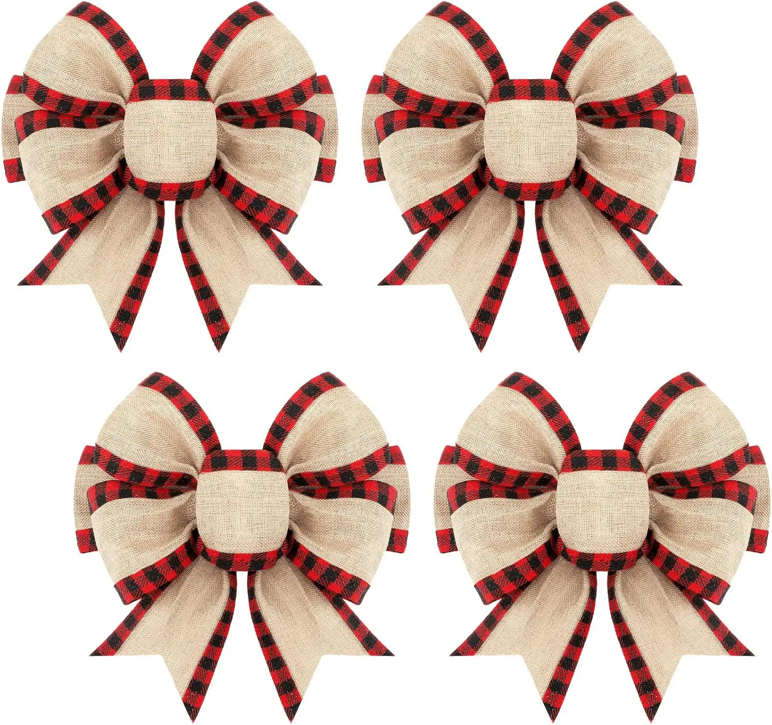 4-Count Lightweight Christmas Burlap Plaid & Buffalo Gingham Craft Bows, Classic Red and Black Festive Decorations for Xmas Tree, Wreath, Door, Ornaments, Craft Projects & Party Use