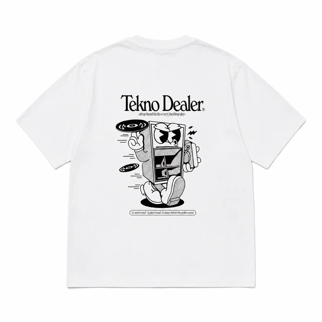 Tekno Dealer Drop Hard Kicks Every Day Vinyl Record Player Funny Underground Techno Vintage Graphic T-Shirt - White Cotton Tee - Rave Streetwear Apparel - Unisex Casual Oversized Top - Trendy Electronic Music Fashion Gift Men Women  3859