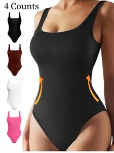 Women's Square Neck Ribbed Crop Top, Sleeveless Bodysuit, Slimming Bodysuit, Casual Comfortable Tummy Control, All-Season Women's Bodysuit, Stretchy Bodysuit, Tummy Tuck Bodysuit, Square Neck Bodysuits, Shaping Waist Bodysuit