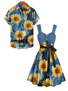 Couple Set Van Gogh Sunflower Print Women's Sweetheart Neck Mock Button Dress and Men's Button Up Shirt Resort Hawaii Outfit Summer Outfits