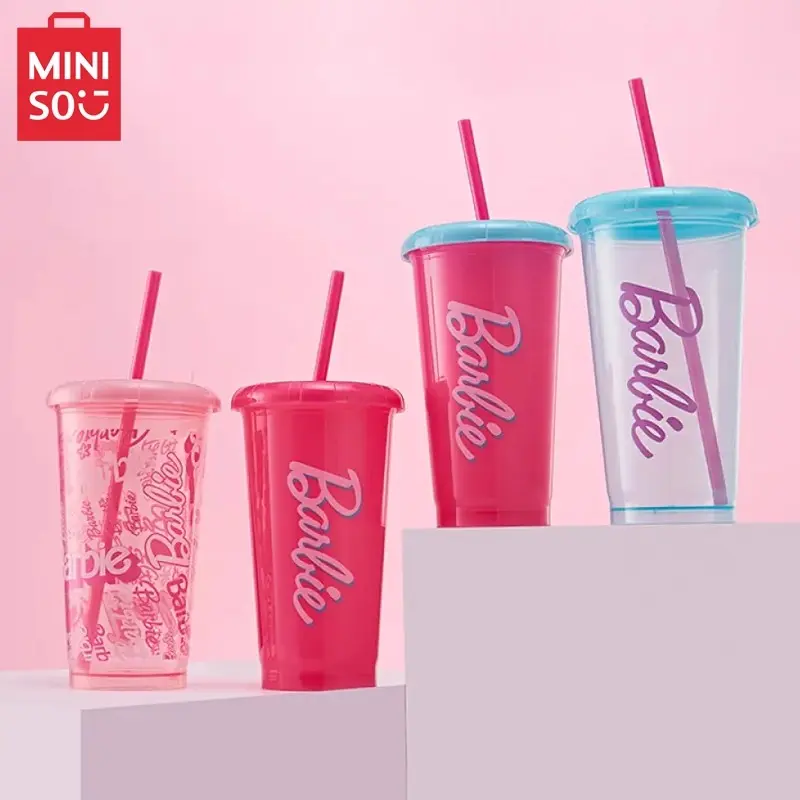 Barbie Sunburst Series Translucent Straw Plastic Beverage Cup Set - 4-Piece, 520mL/17.6 oz, Aesthetic Water Bottles with Lids，Back To School