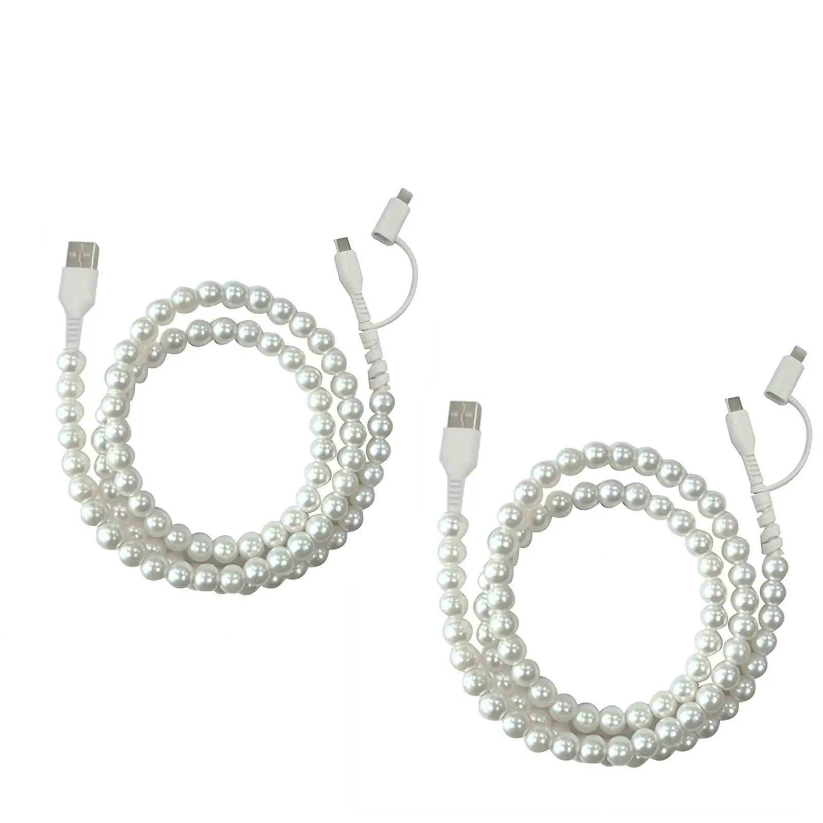 [Summervibes] Beaded Design 4-in-1 Wired Charger Cable with Weaving Plug - USB Adapters, Type C, Lightning Data Sync for Smartphone Charging, US-Compatible Mobile Phone Accessory
