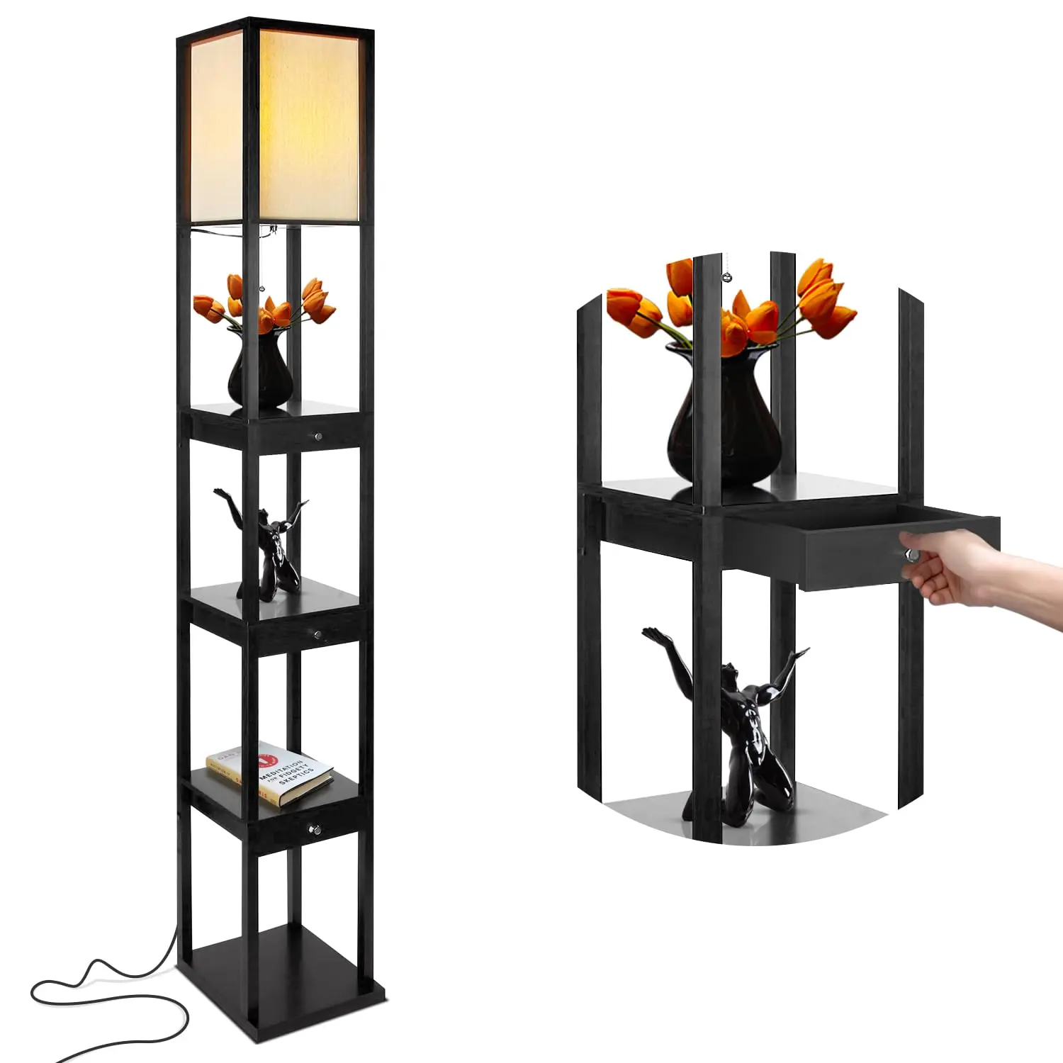 Brightech Maxwell LED Drawer Edition Shelf Floor Lamp - Modern Asian Indoor Light with Soft Diffused Uplight White Shade, Wood Frame, Open Box Display Shelves, Drawers, Smart Control, LED Lights (Illuminated Floor Lamps & Torchieres)