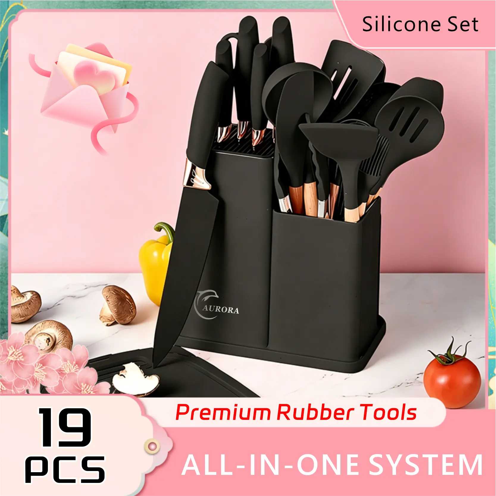 Summer Turn-Up19Pcs Kitchen Knife Set with HeatResistant Silicone Cutlery&Wooden Handles Includes Chef Knife, Non-Stick Compatible Tools, pots pans set Valentine's Day and More Cookware non stick pots and pans Kitchenware Nonstick Ladle Stylish White Pink