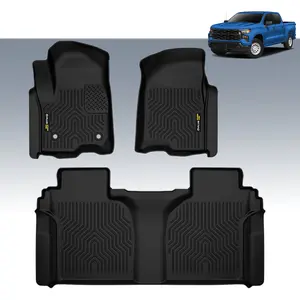 CROSSDESIGN TPE Floor Mats|Fits 2019-2025 Chevrolet Silverado/GMC Sierra 1500 2500 3500 SuperCrew w/Carpet & w/out Fold Flat Storage | Front & 2nd Row, 3-pc Black