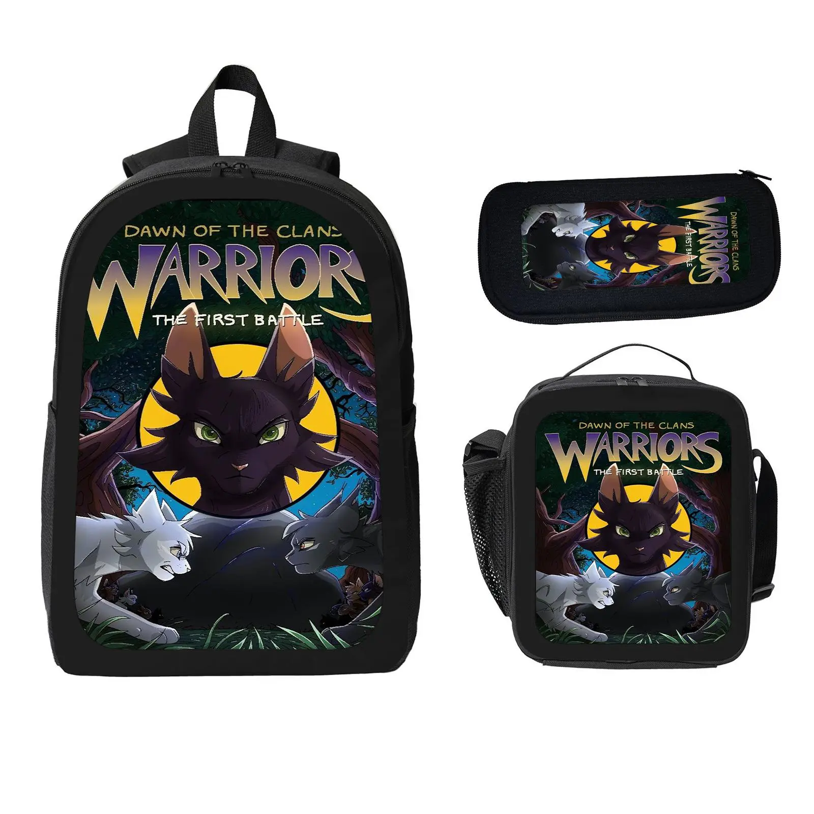Warrior Cats Unisex 3-Pcs Back to School Haul Set, Large Space Water-Resistant Daily Use Bookbag with Insulated Lunch Bag & Pencil Case for Elementary Middle School c-98