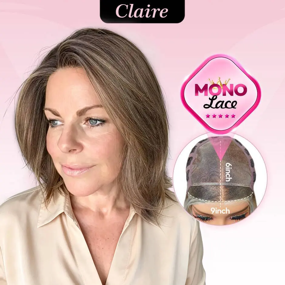 [Claire] VSIGN Monofilament Handmade Wig Dark Root Brown Blonde Balayage Classic 10 Inches Short Italian Bob Wig Layerd Strigstraight Hair Glueless Snowflake Lace Wig Anti Slip Band Secure Fit Wig Cap Natural Looking Elegant Everyday Style Synthetic Wig