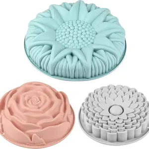 3 Pack Flower Shape Silicone Cake Molds – Large Round Nonstick Baking Pans for Cakes, Bread, Pies, Tarts & Jello (Rose, Chrysanthemum, Sunflower)