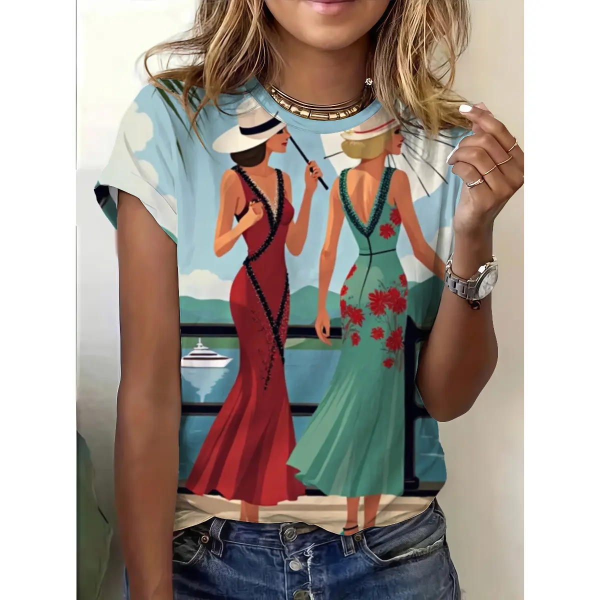 Women's T-Shirt with 1920s Seaside Art Print, Vintage-Inspired Casual Short Sleeve Round Neck Polyester Top, Relaxed Fit, Women's Clothes, Printed Art