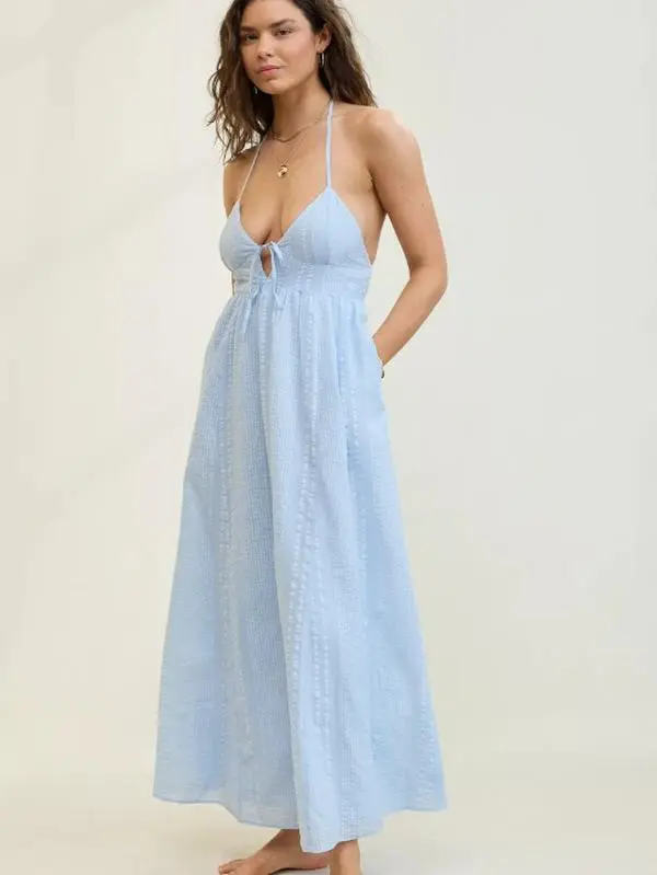 Aerie Seersucker Halter Maxi Dress Eyelet Blue Womenswear emma willis dress  squibb - TikTok Shop