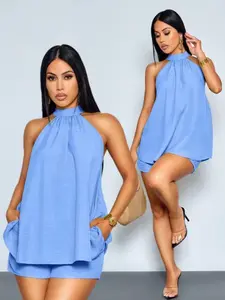 Elegant Casual Summer Beach Vacation Two-Piece Set for Women, Mint Halter Top with Asymmetrical Hem and Matching Shorts, Perfect for Dates and Parties