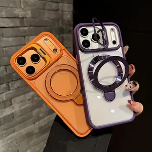 Multifunctional Dual Stand & Magnetic Phone Case - Viral Orange Color for iPhone 17 Pro Max/16/15/14/13/12, New Style with Lens Stand, Luxury Vibe, Clear & Couple-Friendly, Full-Body Drop-Proof Cover