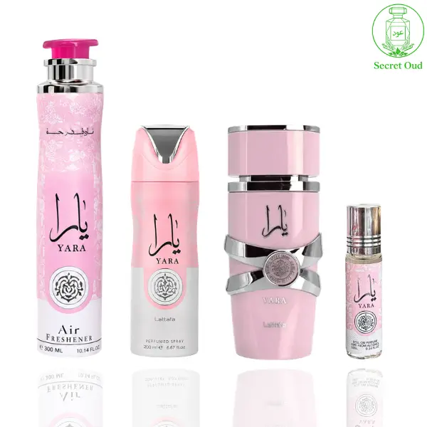 Yara Perfume (3.40z) + Yara Deodorant (6.67oz) + Yara Air Freshener (10.0 oz) + Yara Roll-on (0.34oz) by Lattafa
