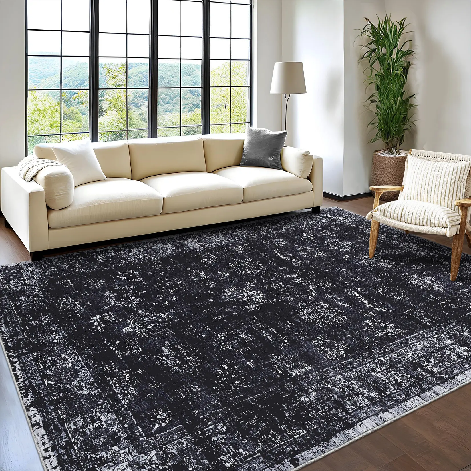 Garvee Vintage Washed Area Rug Low-pile Non-shedding Distressed Floral Print Foldable Interior Decorative Rug Stain-resistant Non-slip for Living Rooms Dining Rooms Offices Children's Rooms and Apartments