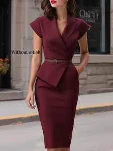 2026 Spring Summer New Solid Hat Sleeve Suit Style Midi Skirt, Belted Commuter Workwear Elegant Look, No Belt Included, Fashionable Women's Clothing Fit Womenswear Dress