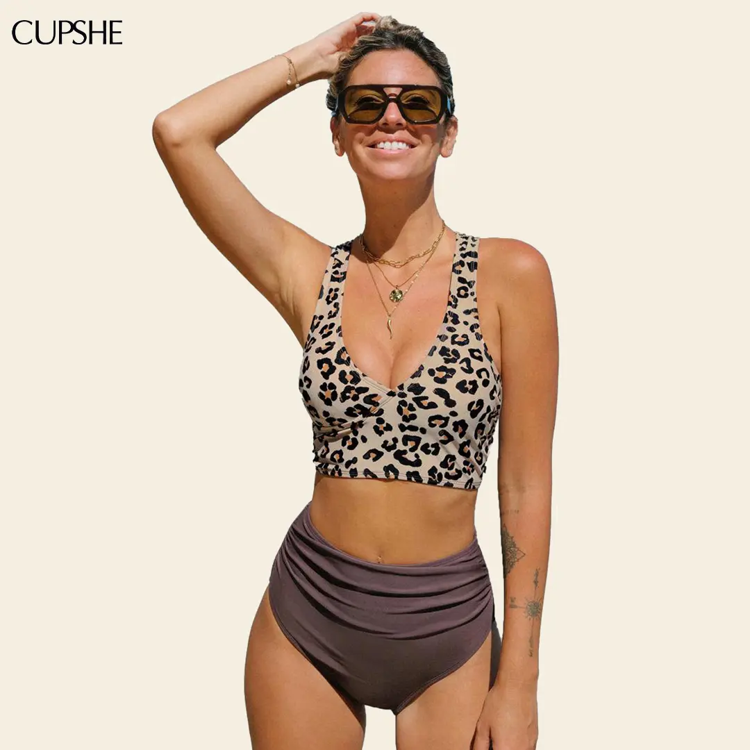 Cupshe Women's Leopard Print Midkini Bathing Suit - High Waisted Mid Rise Tummy Control Bikini Set with Asymmetrical Crossover Back Support for Beach Vacation | Swimsuits Bikinis, Tummy Control Swimsuits for Women, Bikini Sets, Asymmetrical Crossover Cons