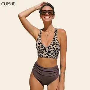 CUPSHE Iconic Leopard Print Midkini Swimsuit - High-Waisted Tummy Control Bikini sets with Cross Back Support (XS-XXL) | 2026 Fierce Vacation Outfits SpringStatements