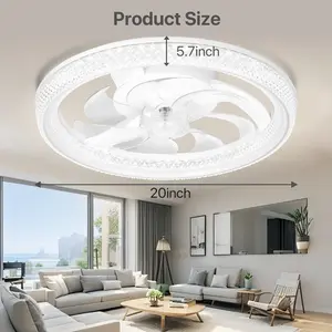 GLITGATE Diamantes Smart Ceiling Fan with Light 20" White Crystal 6-Speed Reversible DC Motor APP Remote Control Timer Dimming 3 Color Temperatures for Bedroom Living Room