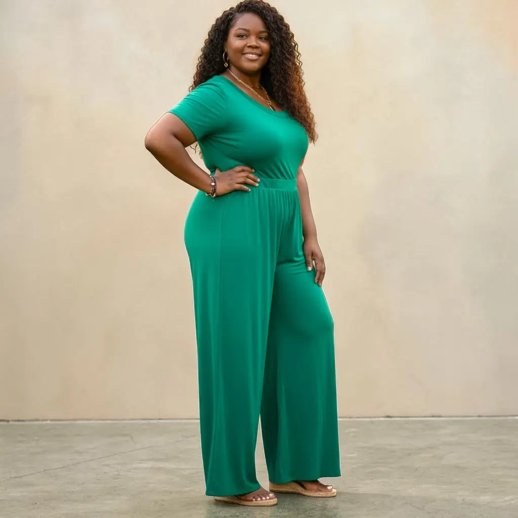 Women's Modest Islamic Chic Rayon Jumpsuit - High-Waist, Wide-Leg, Plus Size (2X, 3X) for Curve Enhancement