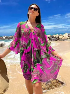 One-Piece Kimono Hoodie Merah Base Color with Leaf Pattern, Loose Fit Casual Fashion Sun Protection Beachwear, Swimwear Coverups, Swimsuit Cover Up, Summer Swimming Cover