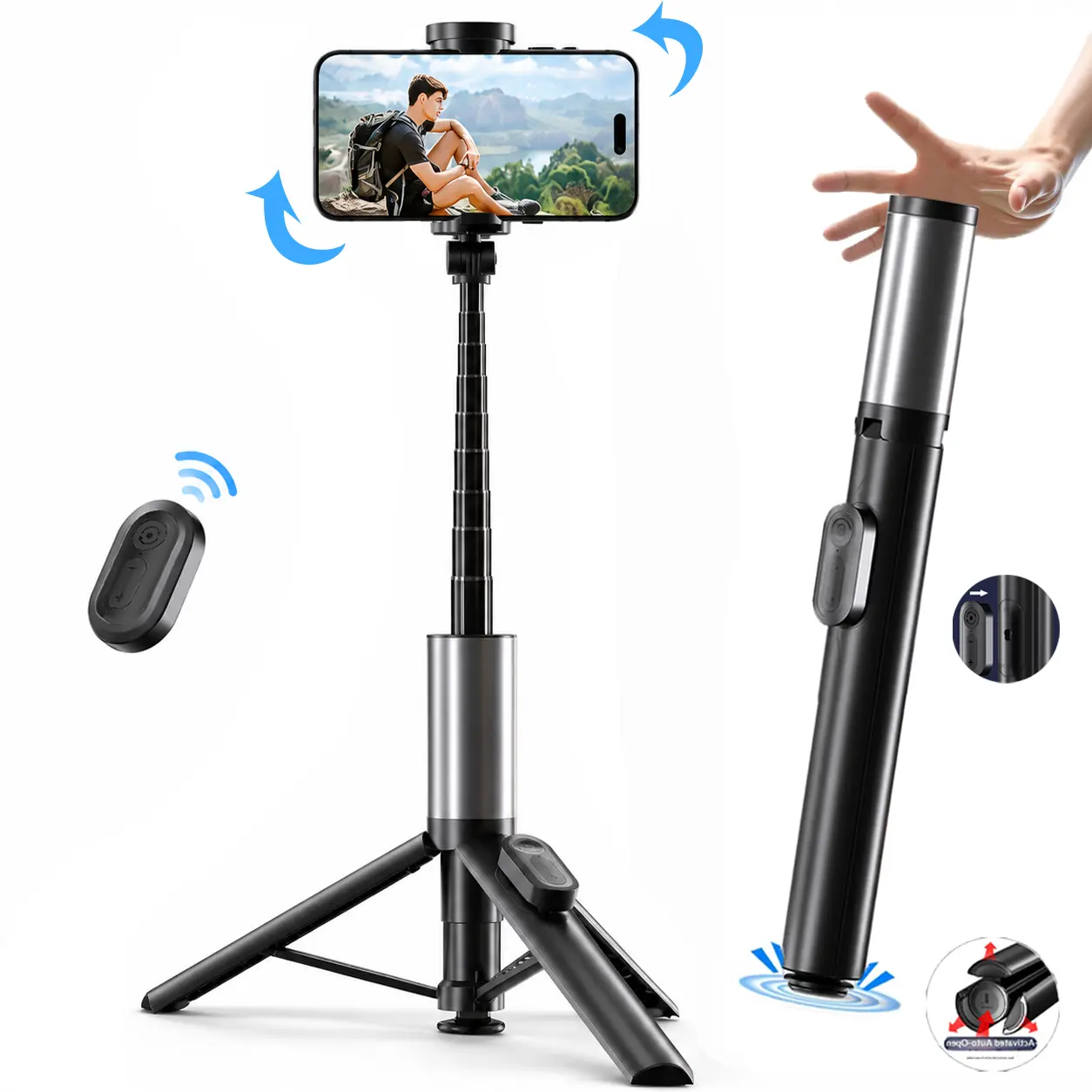 62" Atuo-Pop Phone Tripod, Touchdown Auto-Open, Hidden Fitting Interface, Tripod for iPhone & Portable Selfie Stick Tripod with Remote, Phone Tripod Stand for Video Recording, Travel Tripod for Cell Phone Tripod Compatible with iPhone/Android