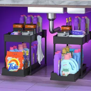 Under Sink Storage Organizer, 2 Tier Sliding Basket Cabinet Organizer, Multi-Purpose Bathroom Kitchen Storage Solution, Space-Saving Adjustable Shelves, Sturdy Durable Under Counter Organizer