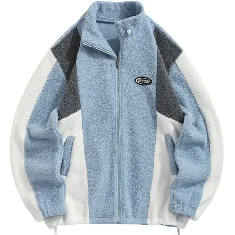 Men's Colorblock Zip Up Pocket Fleece Jacket, Casual Loose Long Sleeve Outerwear for Fall & Winter, Men's Clothes for Daily Wear, Warm Casual Outerwear
