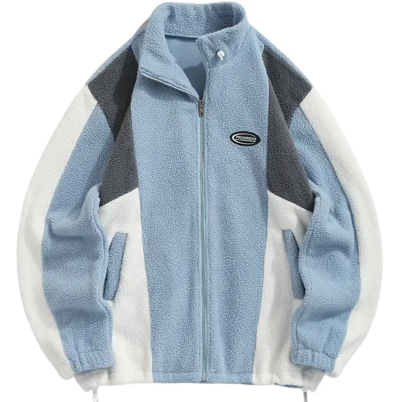 Men's Colorblock Zip Up Pocket Fleece Jacket, Casual Loose Long Sleeve Outerwear for Fall & Winter, Men's Clothes for Daily Wear, Warm Casual Outerwear