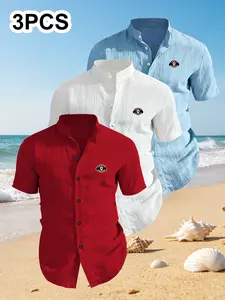 3-Pack Men's Summer Short Sleeve Casual Beach Shirts, Chest Print Design, Lightweight Breathable Solid Stand Collar Button Shirt, Ideal for Beach Poolwear
