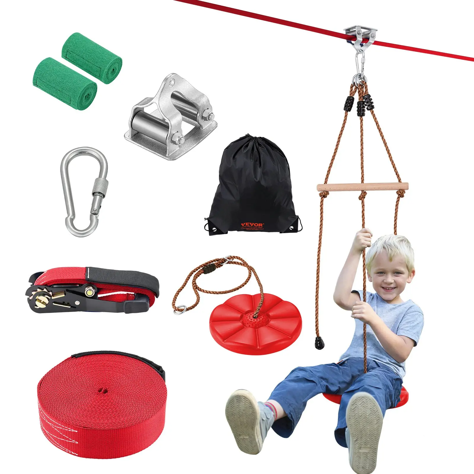 VEVOR Zipline Kit for Kids and Adult, 65 ft Zip Line Kits Up to 500 lb, Backyard Outdoor Quick Setup Zipline, Playground Entertainment with Zipline, Nylon Safety Harness, Seat, and Handlebar Carabiner