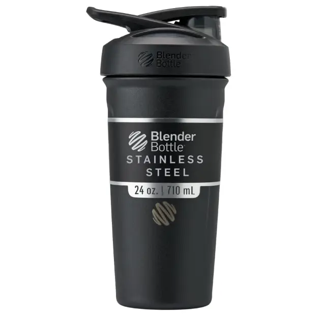 BlenderBottle Sport Shaker Cup Insulated Stainless Steel Water Bottle with Wire Whisk, 24-Ounce, Black