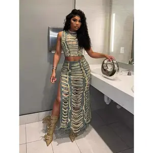 Women’s Denim Two-Piece Set – Fashionable Handmade Distressed Vest and High-Slit Denim Skirt