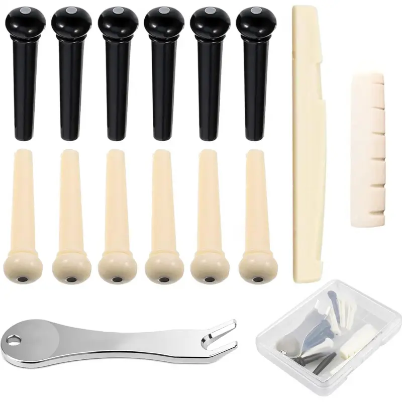 12 Pcs Acoustic Guitar Bridge Pins with Bridge Pin Puller Remover & Guitar Bridge Saddle Nut, Guitar Pegs Replacement Parts and Accessories, Guitar Setup Kit