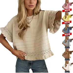 Tanming Womens Short Sleeve Sweater Round Neck Ruffled Hem Knit Crochet Pullover Casual Top Blouse Springfresh Summer Outfit