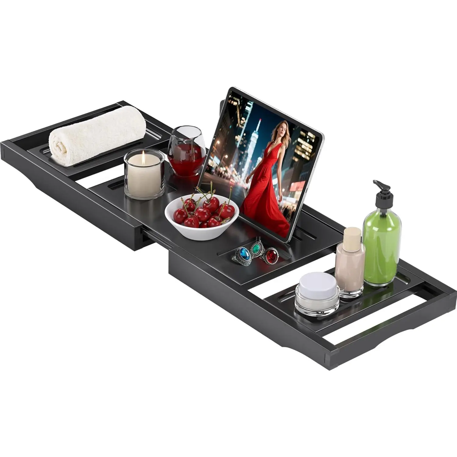 Premium Bamboo Expandable Foldable Bath Tray Caddy - Modern Bathroom Gadget, Ideal for Great House Warming, Anniversary, Birthday Gifts (Black), Anniversary Gifts, Housewarming
