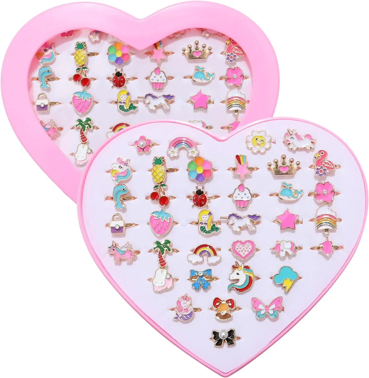 36pcs Little Girl Alloy Jewelry Rings, Adjustable Unicorn Rings Toys, No Duplication Kids Play Ring in Box,Dress Up for 4-12 Year Old Girls, Birthday Christmas Valentine's Day Easter Holiday Gifts