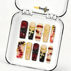 Gothic Red & Gold Cross Rose Mid Square Press-On Nails (1.3 Inch),10pcs Handmade Gothic Red Gold Cross Rose Mid Square Press-On Nails | 1.3 Inch Dark Gothic Fake Nails | Reusable Luxury Gothic Nails | Halloween Gift for Her