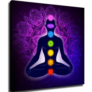 Seven Chakras Meditation Lotus Pose Yoga Energy Crystal Poster Painting Canvas Wall Art Living Room Bedroom Decor Modern Oil Painting (framed,12x12inch)