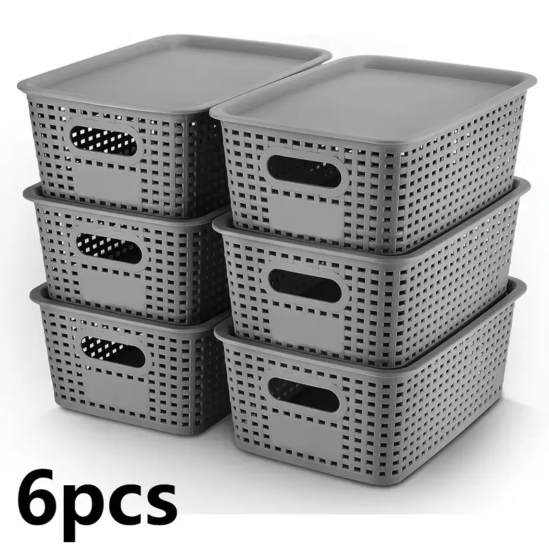 6-Piece Set of Plastic Storage Baskets with Lids (Black/White/Gray) — Stackable Decorative Organizer Bins for Shelves, Drawers, Desktops, Closets, Playrooms, Classrooms, and Offices