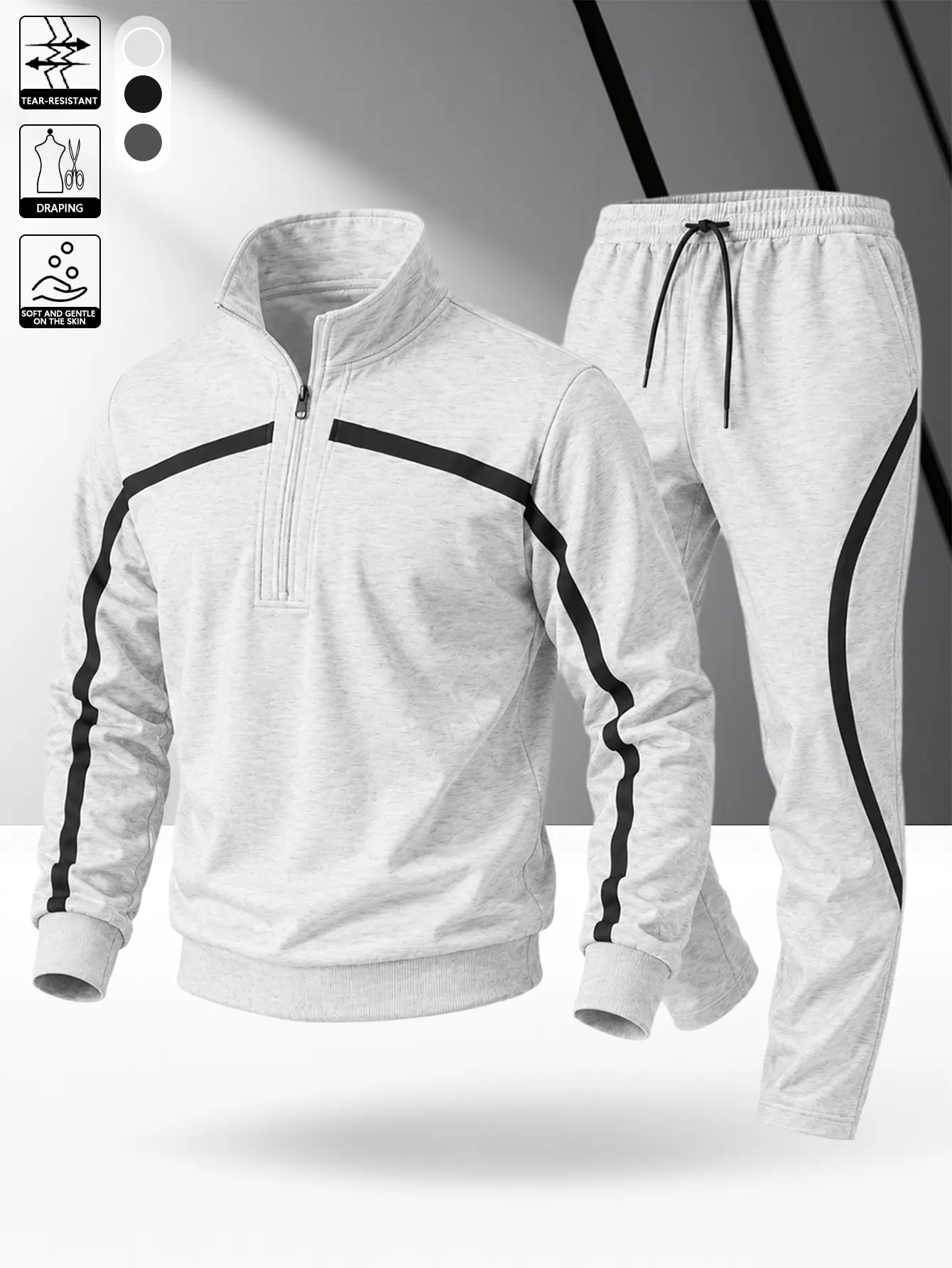 Men’s color-block zip-front jacket set with pants—casual Y2K street style with a retro vacation vibe; color-block patchwork stand-collar zip-up jacket set Pants Clothes