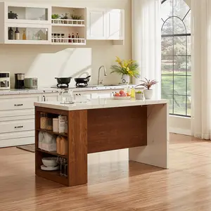 【DealsforYouDays】ONBRILL 61"x31" Large Wood Top Kitchen Island Table, Whole Board Tabletop with Storage Space, Power Outlet, LED Lights, Easy Setup Modern Imitation Marble Counter Height Dining Table for 4