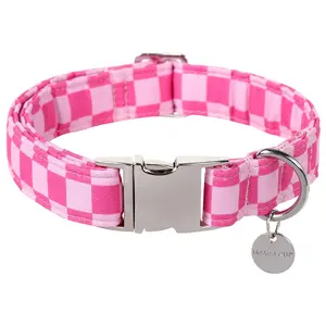 Dog Collar for Summer,Cute Pink Plaid Personalized Dog Collar,Cotton Puppy Collar with Adjustable Metal Buckle for Small,Medium,Large Girl Boy Dog