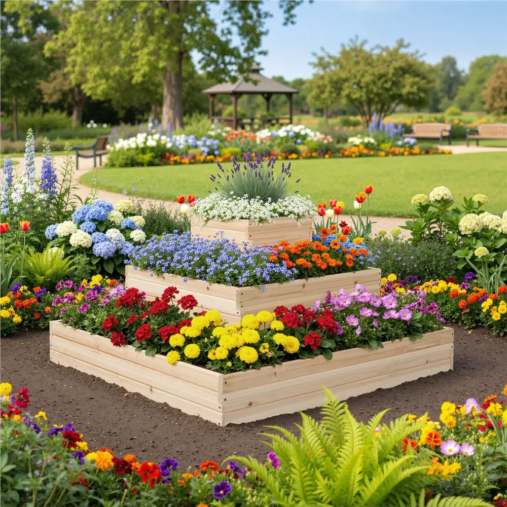 Yaheetech Square 3-Tier Wooden Raised Garden Bed with Wood Grain, DIY Painting Option, 3 Growing Areas, Elevated Horticulture Planter for Backyard Flower Garden, Patio Gardeners