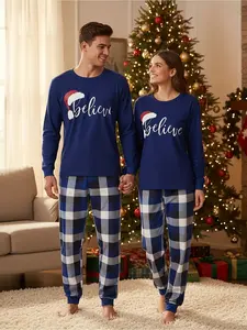 Family couple matching pajama set: Blue long-sleeved Christmas tree print top, checked patchwork pants, round-neck pullover with pockets, comfortable fabric, perfect for pajama parties and festivals
