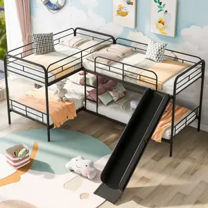Quad Bunk Bed with Slide, L Shaped Bunk Bed for 4, Twin over Twin Bunk Frame, Heavy-Duty Metal Frame, Noise Free