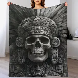Aztec Skull Carving Maya Aztec Feathered Serpent Soft Flannel Blanket - Warm Cozy Throw for Bed Couch Native American Inspired Flannel Blanket